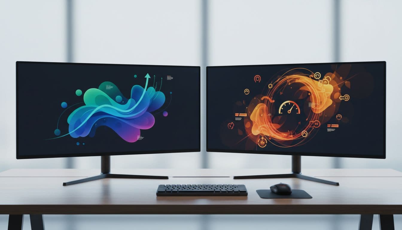 Photorealistic modern workspace featuring dual monitors with blurred abstract SEO performance graphs, website speed optimization charts, fast loading icons, and analytics hints, plus keyboard and mouse on desk under soft professional lighting.