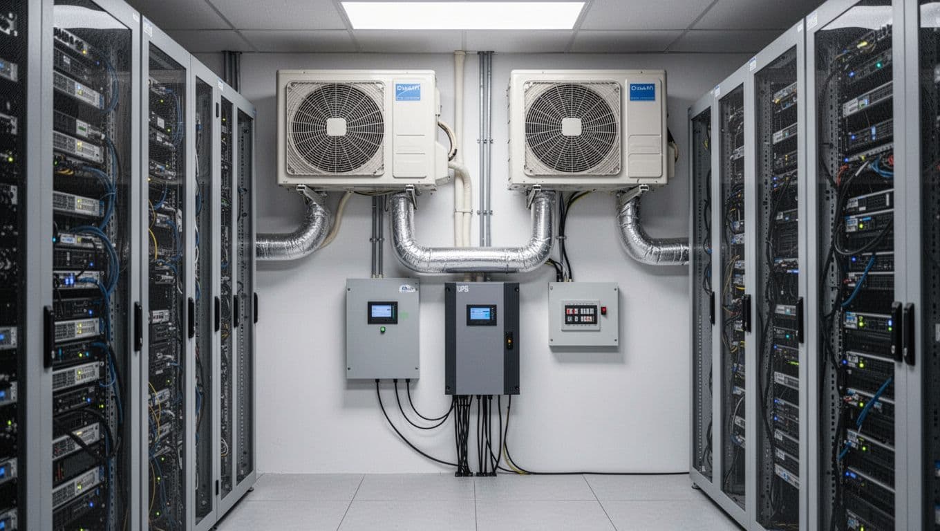 機房空調規劃怎麼做,小型機房24小時散熱與備援重點 Two air conditioners side by side connected to UPS and switch box, with server racks in background.