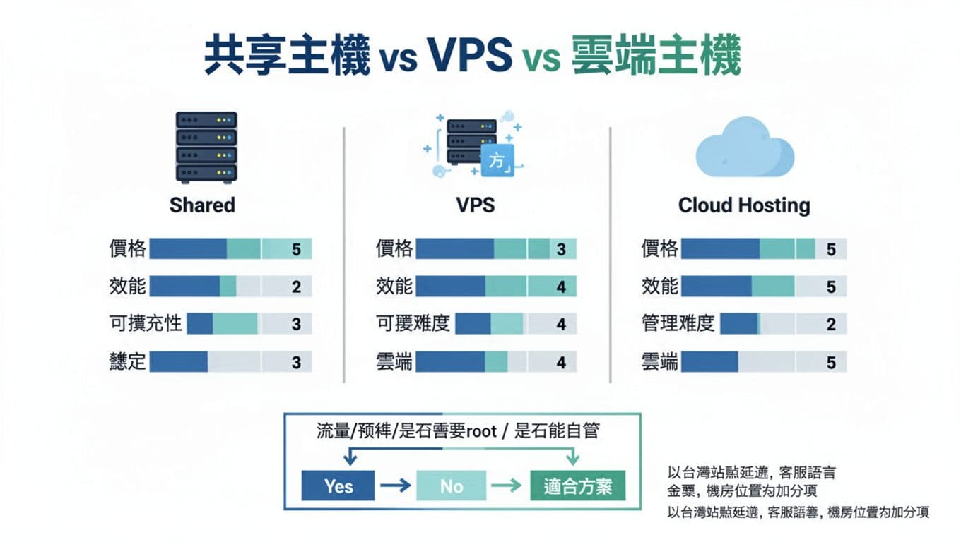 Infographic comparing Shared, VPS, and Cloud Hosting for WordPress in Taiwan with visual rating bars for price, performance, scalability, management difficulty, and stability, plus a decision flowchart and Taiwan-specific notes.