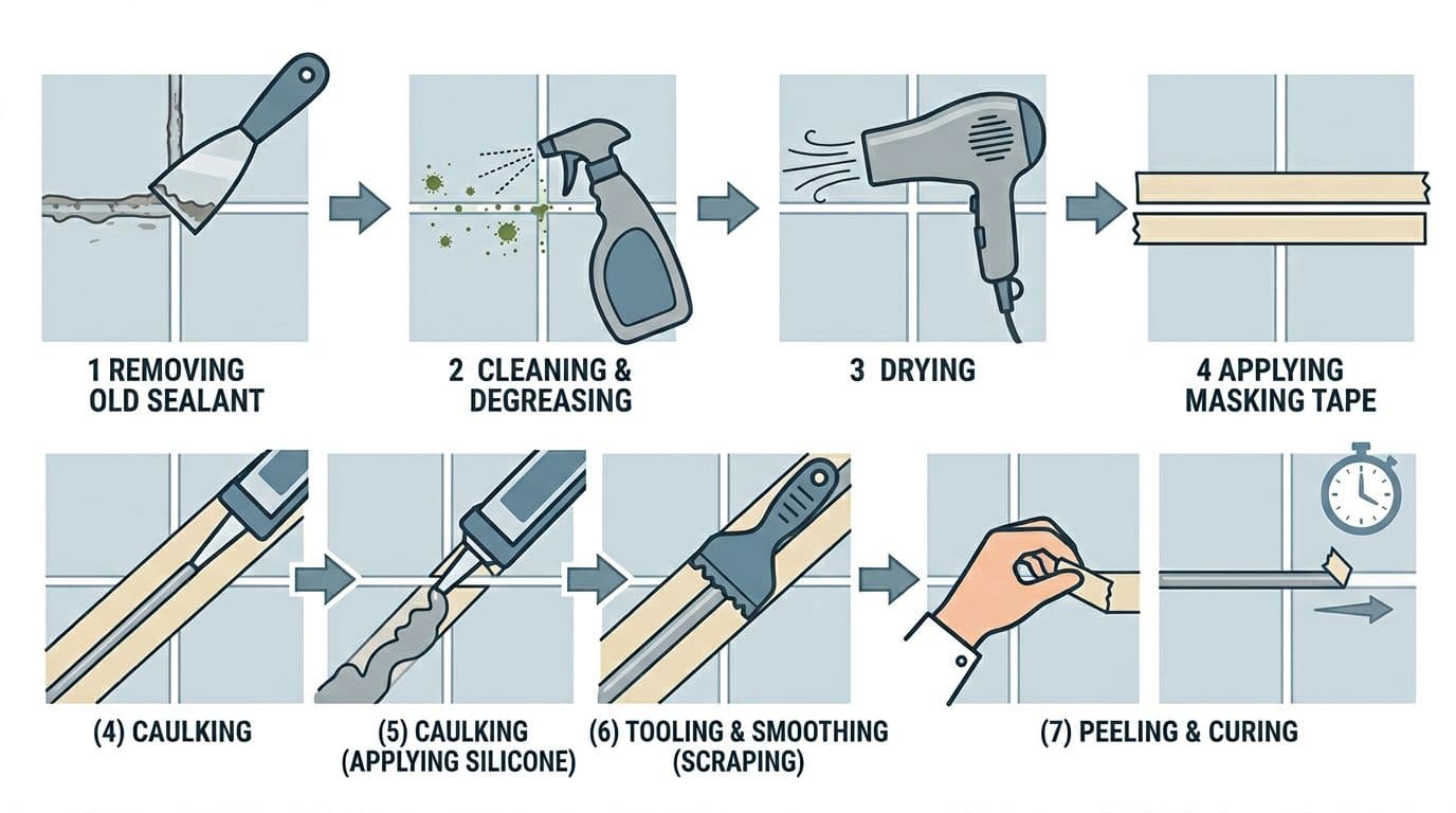 Clean flat vector illustration on white background with gray-blue-green colors, high-contrast lines depicting 6-7 connected panels of silicone caulking steps from cleaning old glue to curing.