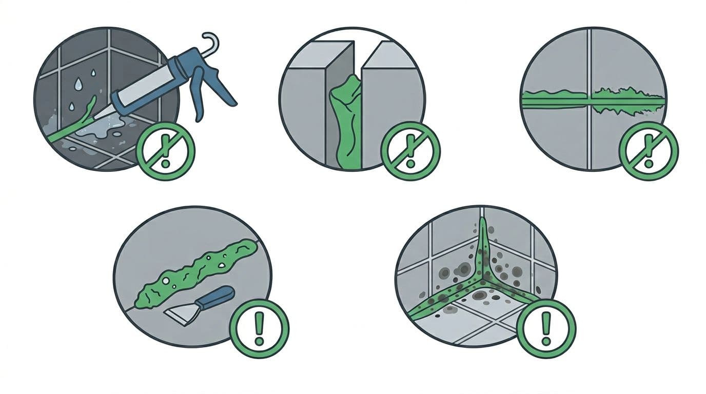 Clean flat vector illustration on white background with gray-blue-green colors and high-contrast lines, depicting five warning icons for silicone sealant failures: damp surface, deep seams, no masking tape, insufficient scraping pressure, and mold spots, in landscape format.