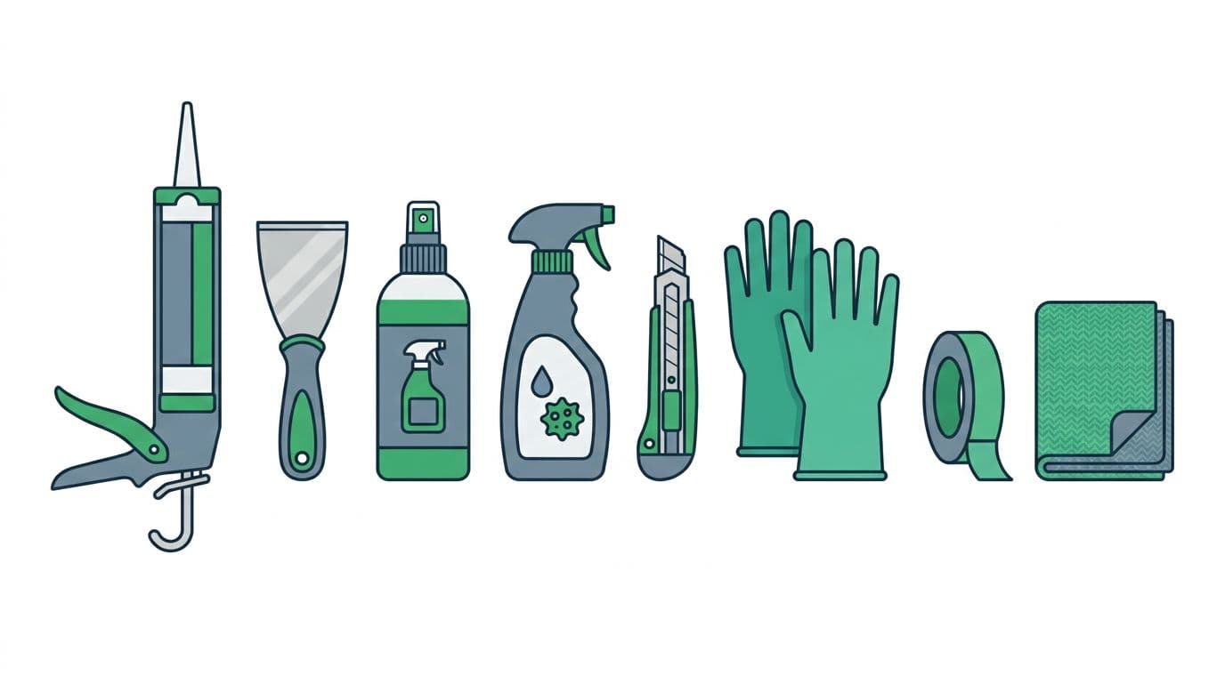 Clean flat vector tutorial illustration on white background with gray-blue-green colors and high-contrast lines, showing top-down arrangement of silicone tools: caulking gun, scraper, alcohol degreaser, mold remover, blade, gloves, masking tape, and cloth. Simple icons in landscape composition, no people, text, or logos.
