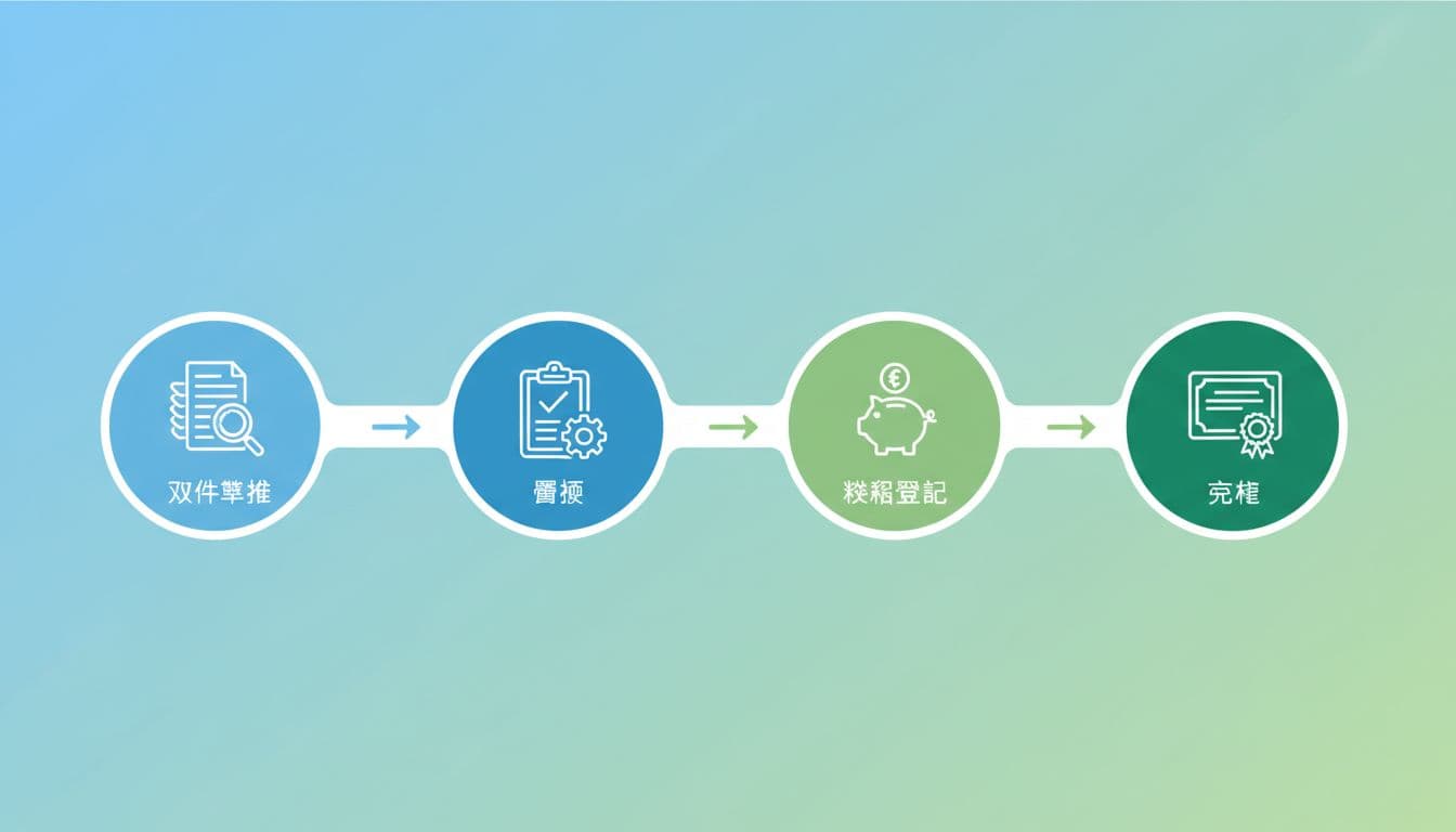 網紅工商登記怎麼做,才能合法節稅並拉高品牌專業度 Vector-style chart illustrating the business registration process from application to completion, including document preparation, review, and tax registration. Features blue-green tones, bright clean design, no text, single process line, and no people.