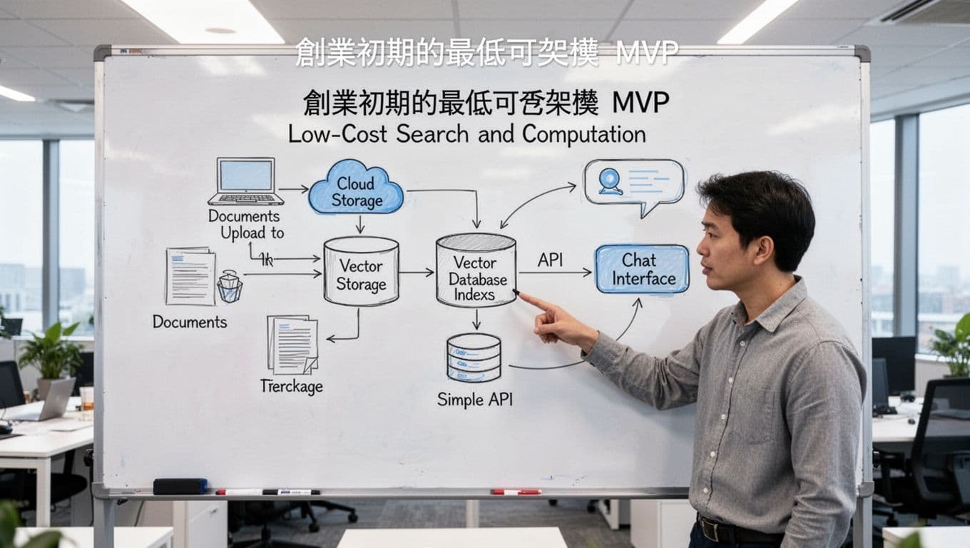 Clean line drawing on a whiteboard in an office shows basic MVP for low-cost search: documents to cloud storage, vector database indexing, API to chat interface, with one person pointing.