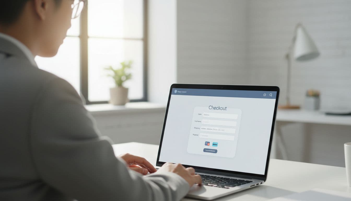A clean, simplified WooCommerce checkout page on a laptop screen in a bright office setting, showing minimal form fields like email, name, address, payment method; one person viewing it; modern flat design, soft natural lighting, no text on screen visible, no extra people, no logos, no watermarks.