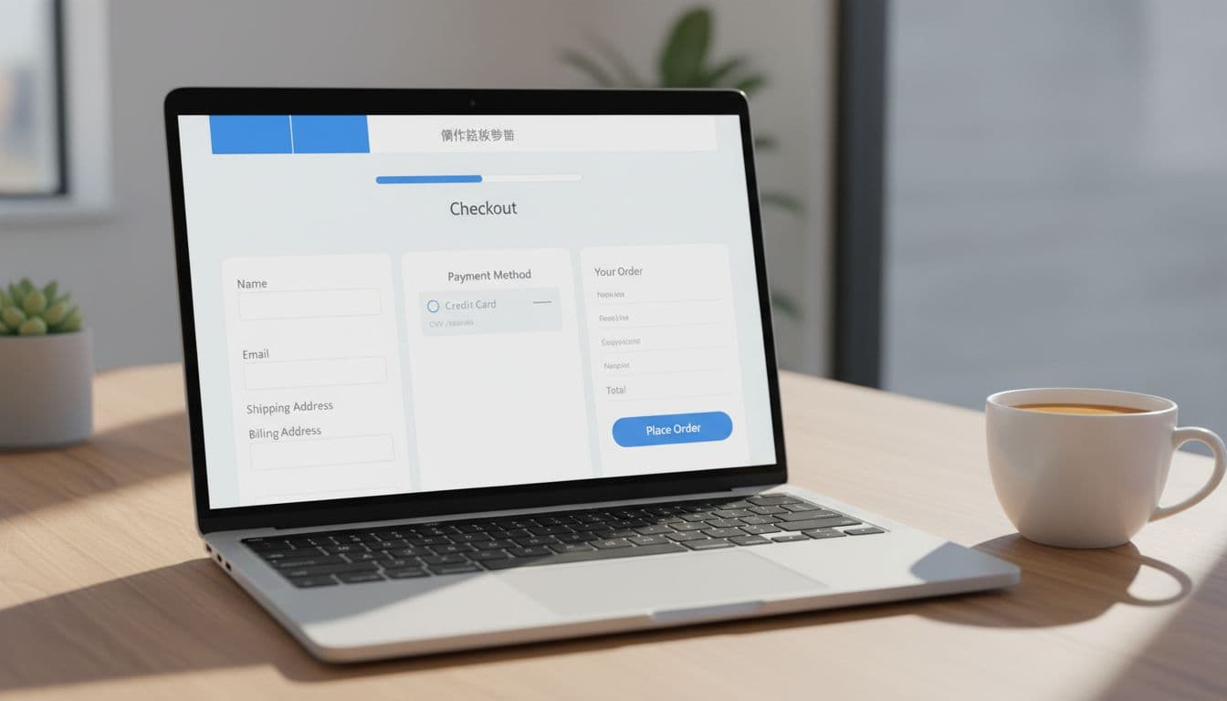 A clean laptop screen shows a simplified WooCommerce checkout page on WordPress with one-page layout, progress bar, fields for name, email, address, and payment method, in a bright modern e-commerce interface on a cozy office desk with coffee mug, natural daylight, minimalistic style.