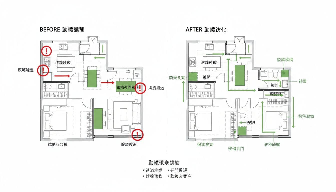 同一張平面圖,設計爸王教你抓出動線卡點和改法 同一張平面圖,設計爸王教你抓出動線卡點和改法