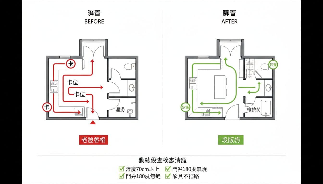 小坪數老屋翻新動線改善 Before/After 示意圖