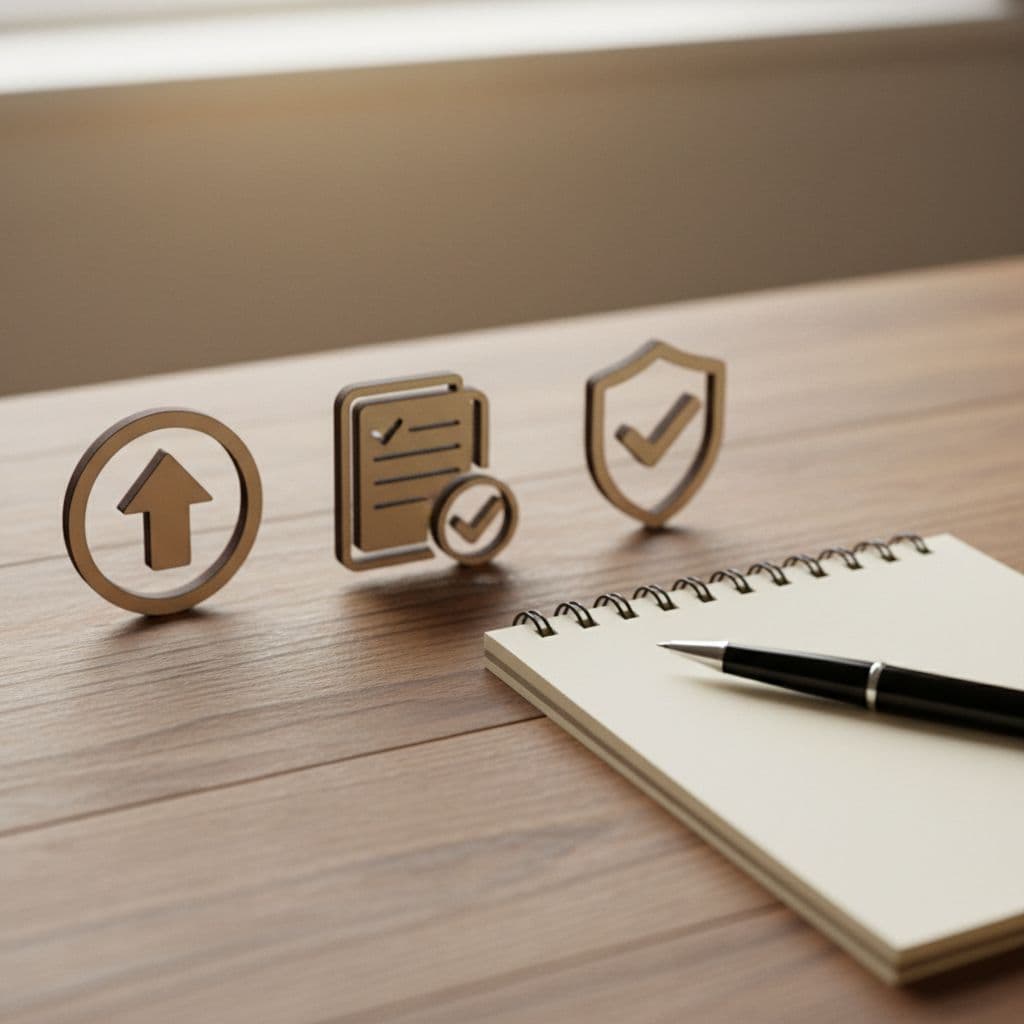 Checklist icons on a wooden desk with pen and notepad, representing key audit points like sales threshold, records, and compliance in soft natural light, realistic photo style.
