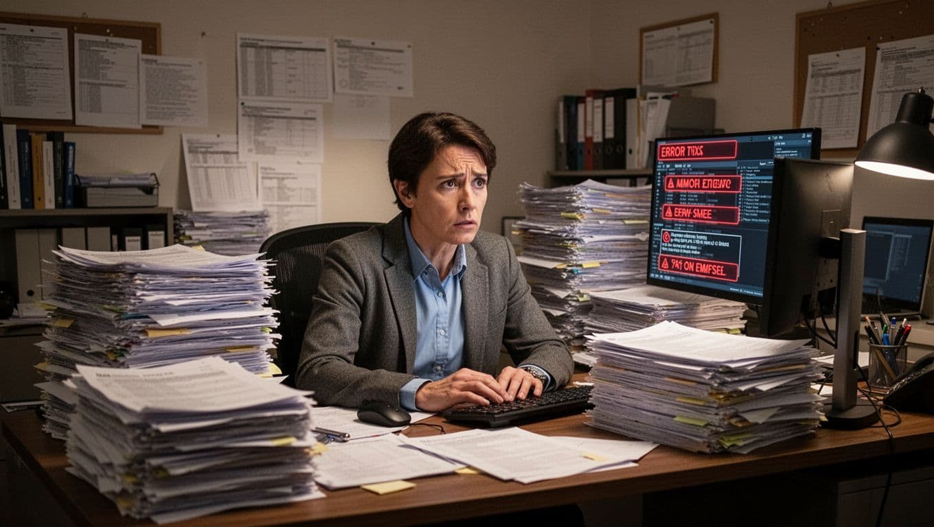 Confused small business owner at cluttered desk with stacked tax documents and computer error screen.