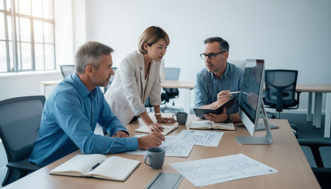 小公司也能做的內控設計,三人團隊的分工與授權範例 A three-person team consisting of a middle-aged male CEO, young female operations manager, and middle-aged male accountant collaborates around a conference table in a modern open office, pointing at documents, computer screens, notebooks, coffee cups, and internal control flowcharts. The scene captures a professional, trusting atmosphere with natural daylight, blue-gray tones, and wide-angle composition.