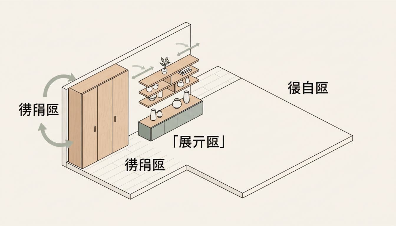 小坪數玄關與客廳收納剖面示意