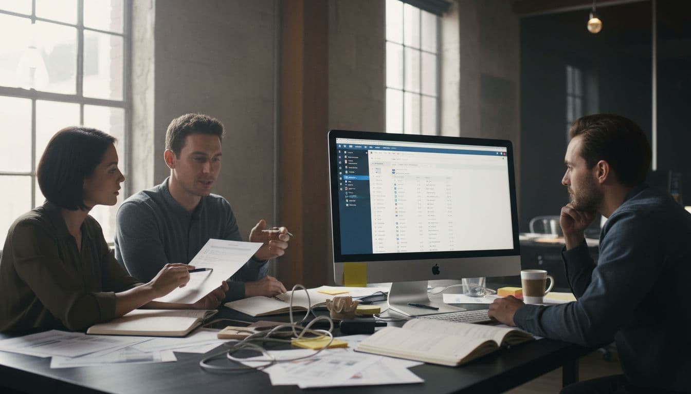 A small team of 2-3 people at a cluttered office desk with coffee cups, one holding a printed checklist document, computer screen displaying WordPress backend interface, realistic style, natural indoor lighting, horizontal banner composition.