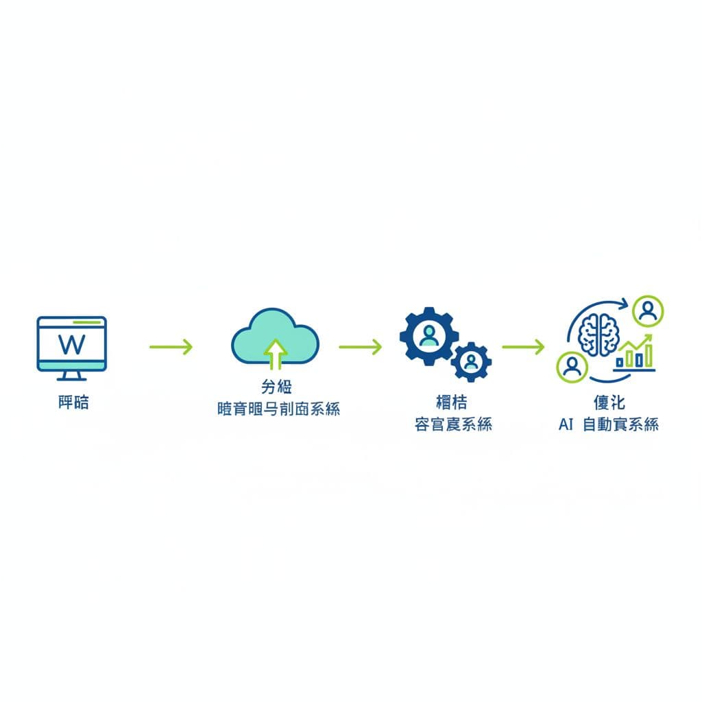 中小企業數位轉型,如何把傳統官網升級成 AI 自動開發客戶系統 Blue-green flat icons form flowchart from website to AI customer system via gear, cloud, and steps.