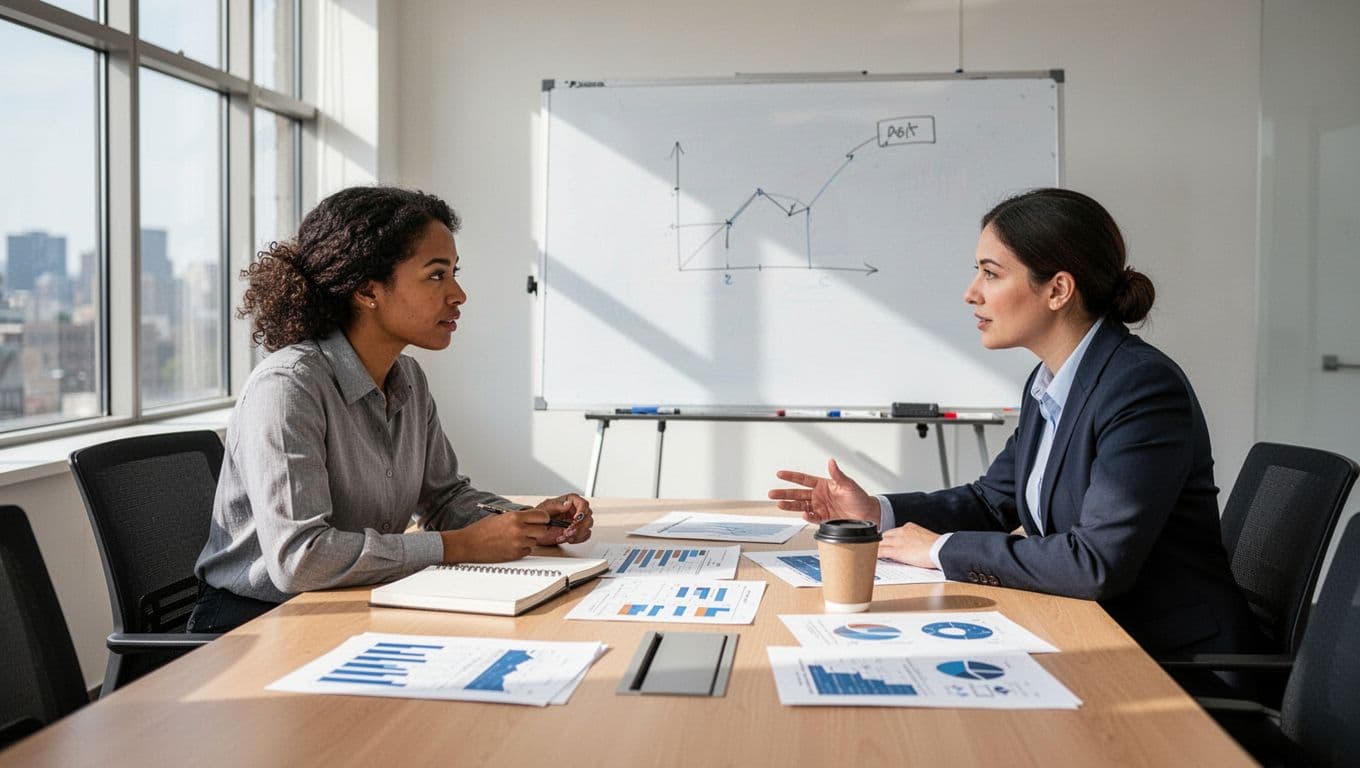 Business owner and accountant discuss reports at conference table with coffee cup and notebook, whiteboard charts in background.