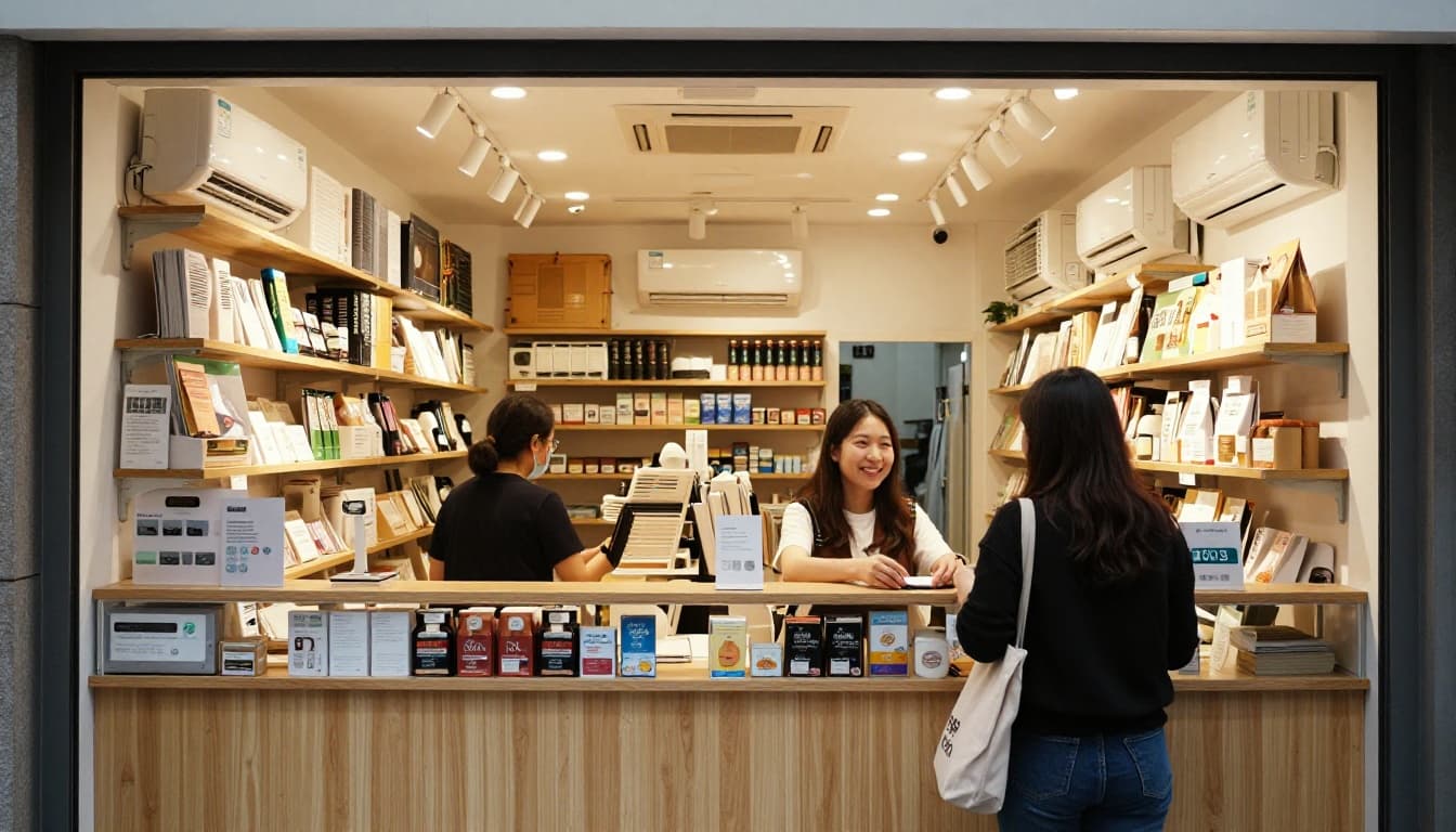 店面空調配電攻略:避免跳電停業並提升顧客舒適度 A single smiling customer at the store counter enjoys cool air conditioning breeze in a bright commercial space with evenly distributed AC units and stable power.