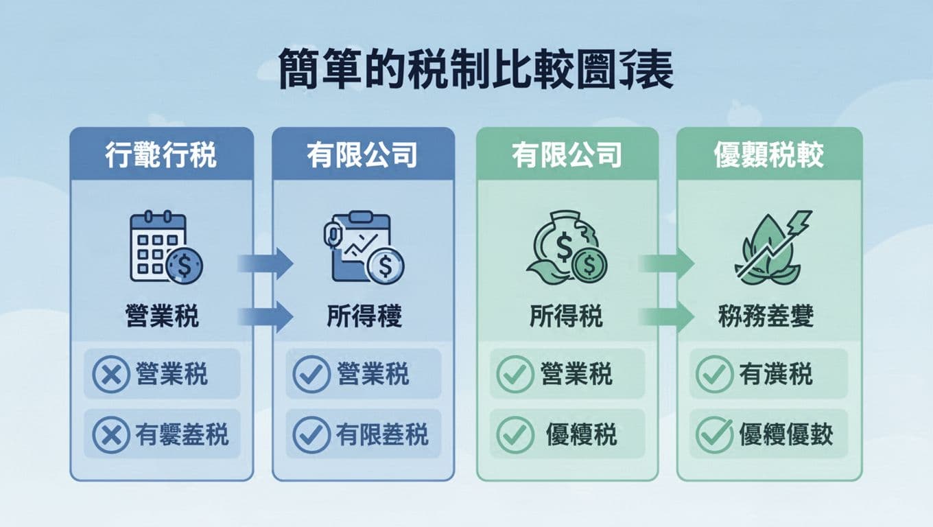 A simple infographic chart comparing tax differences between sole proprietorship (行號) and limited company, highlighting business tax and income tax variations using icons and arrows for pros and cons in clean blue-green flat design.