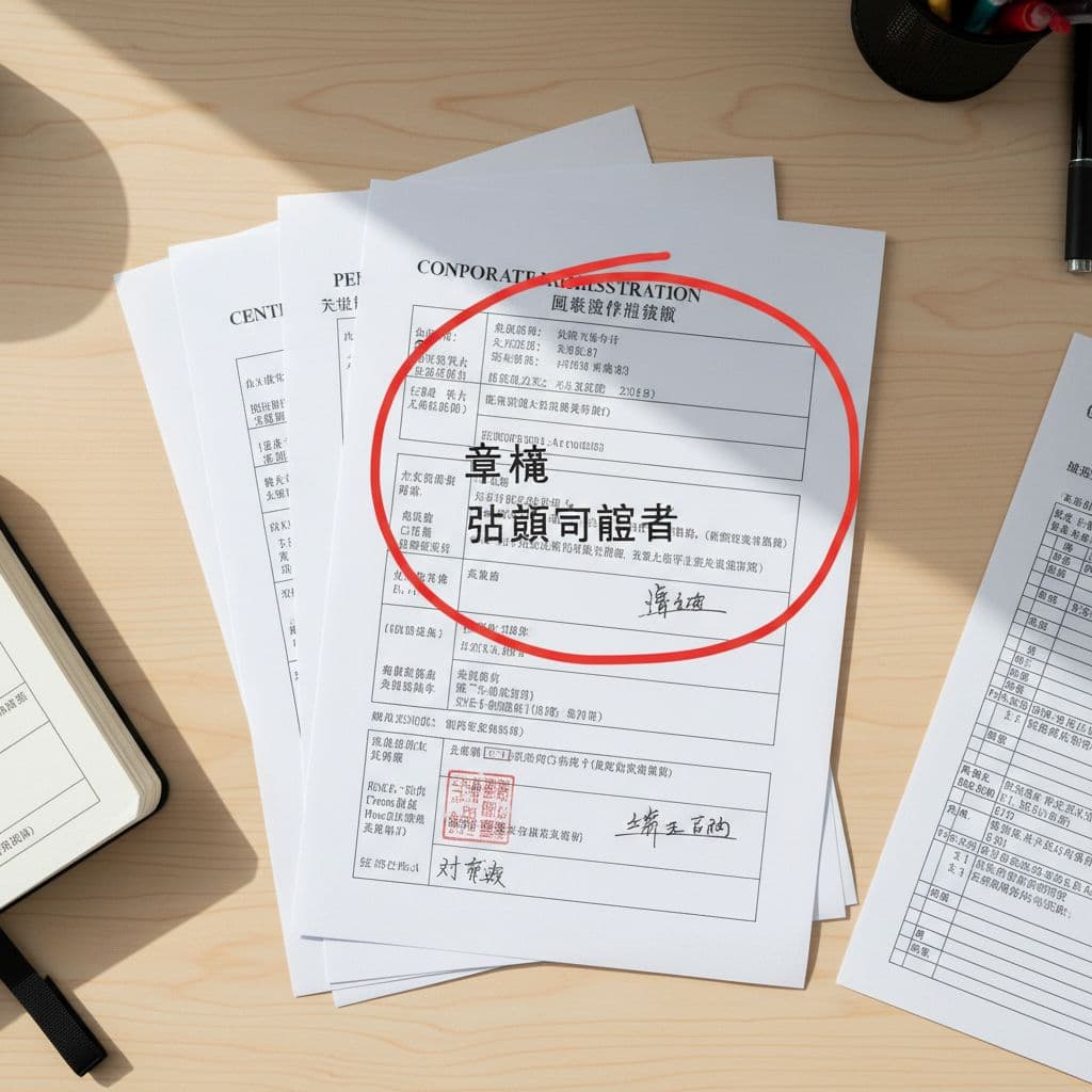 Top-down view of stacked company registration files and capital verification certificates on a clean desk, featuring red circles highlighting common deficiencies like missing articles of association or shareholder consents. Photorealistic photography style under natural light, no people or text visible.