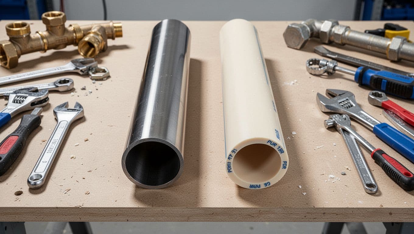 冷熱水管材怎麼選:不鏽鋼管與PPR管比較指南 Side-by-side comparison of stainless steel and PPR pipes on a workbench, displaying material differences and sizes in a bright workshop with plumbing tools.