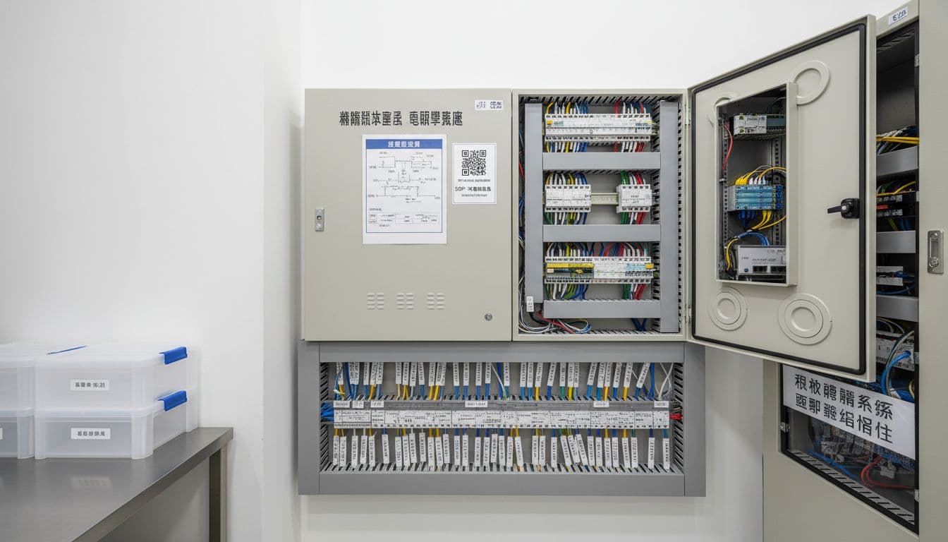 Realistic indoor photo of a bright, modern pharmacy backroom corner featuring a standardized electrical distribution panel with clear circuit chart and QR code, neatly organized cable trays with labels, and adjacent weak current cabinet showing strong-weak electricity separation.