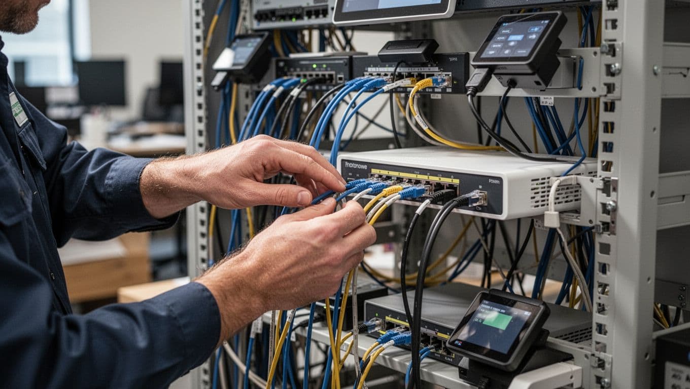 門市 POS 系統配電與網路配置,從迴路到驗收一次看懂 A technician adjusts Ethernet cables and weak current lines from router and switch to multiple POS terminals in a neat office setup, professional realistic photo style with soft lighting and exactly one person visible.