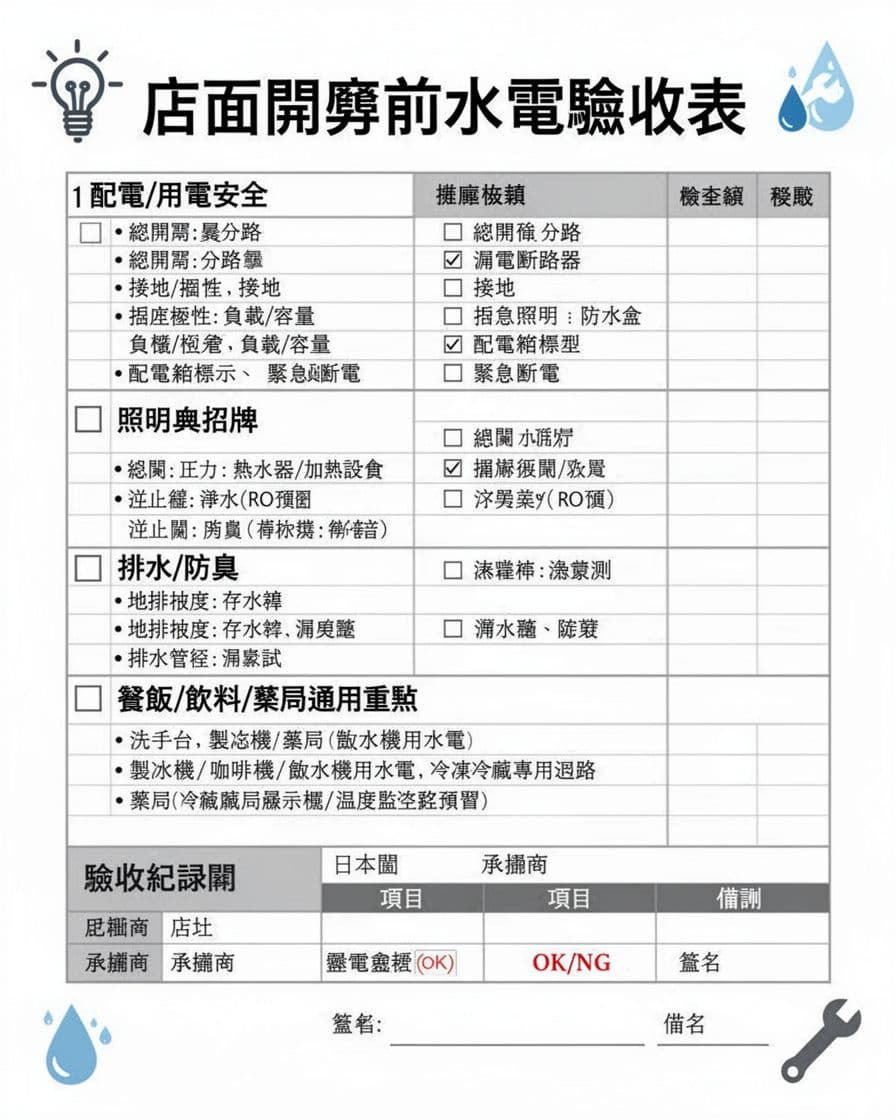 店面開幕前的水電驗收表,餐飲、飲料店、藥局都能用 店面開幕前的水電驗收表,餐飲、飲料店、藥局都能用