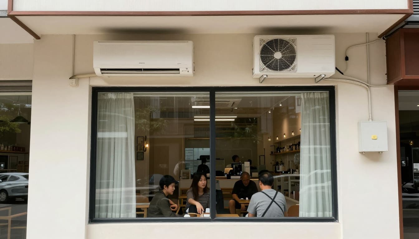 店面空調配電攻略:避免跳電停業並提升顧客舒適度 A window-type split air conditioner mounted on the wall in a bright, clean commercial storefront, next to an electrical breaker box showing independent circuit setup, with one customer enjoying the cool air.