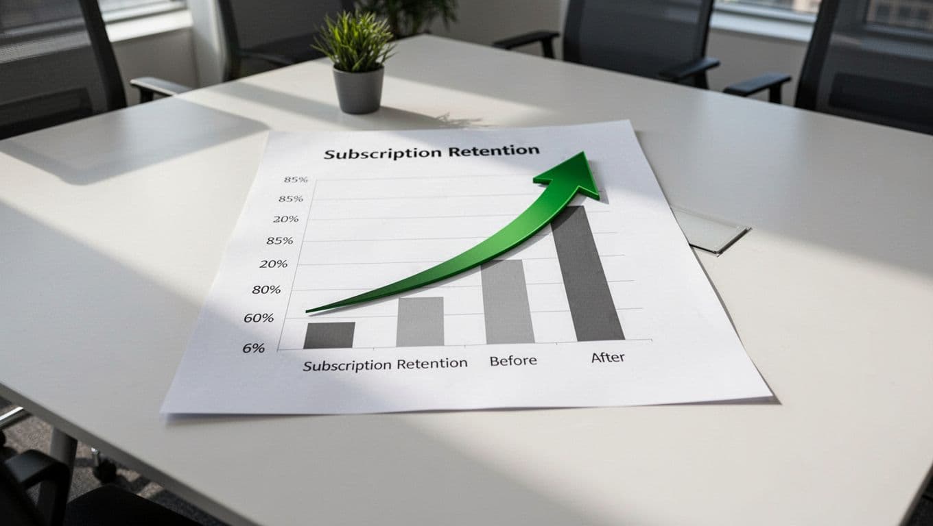 Bar chart on an office conference table showing subscription retention rate increase from 60% to 85% with a green upward arrow, professional style, natural light, white background, no text or watermark.