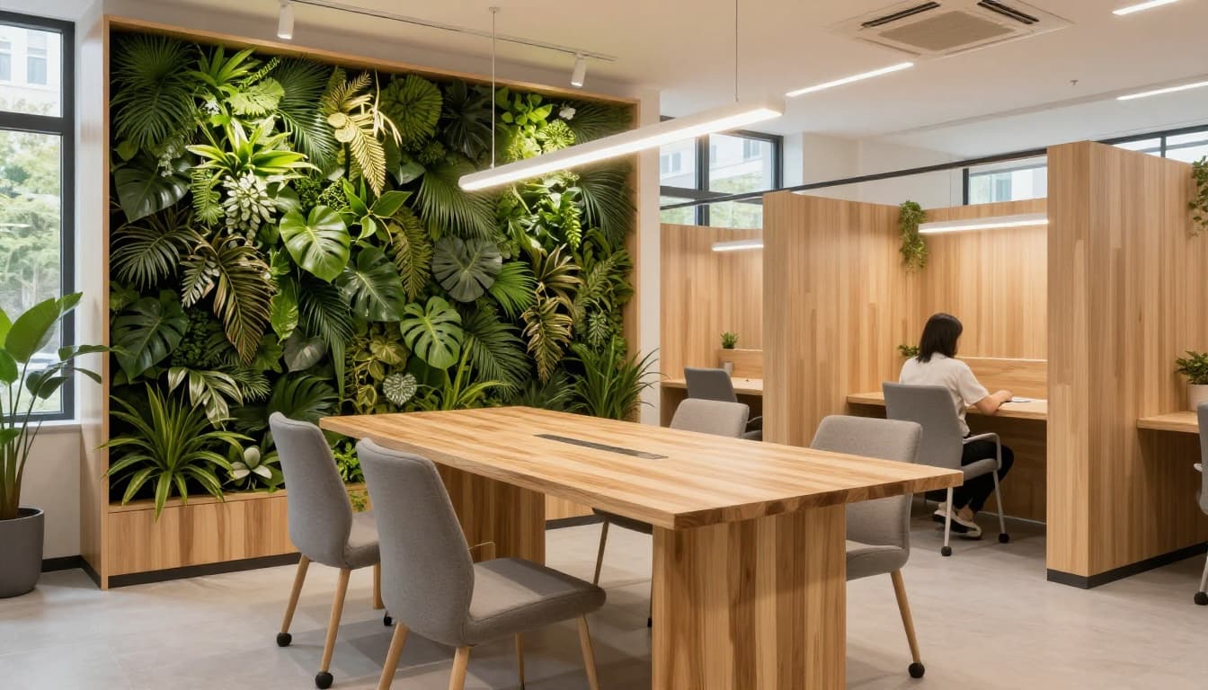 A professional sustainable ESG office interior featuring a recycled wood work desk, green plant wall, energy-saving LED lights, natural ventilation windows, modular partitions, and comfortable chairs. One employee works at the desk while another rests, illuminated by bright warm light in a landscape format.