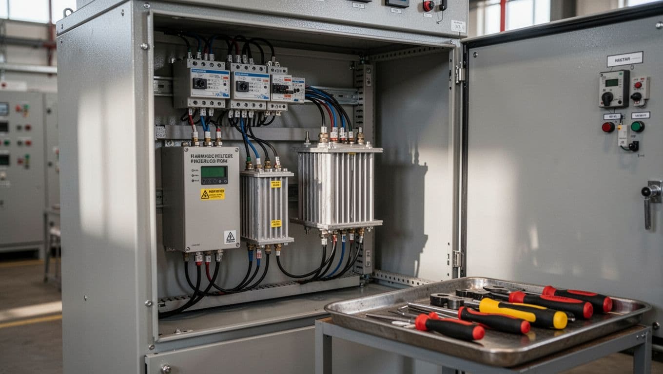 諧波過高怎麼處理,變頻器、UPS、LED 的實務對策 Gray metal switch cabinet contains multiple devices including harmonic suppressors and reactors, tools scattered nearby with circuit diagram in control room.