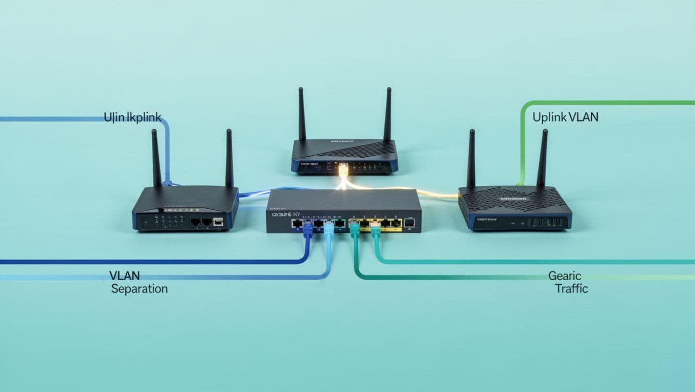 辦公室交換器怎麼挑,PoE 功率、VLAN 與上行埠一次看懂 Switch uplink port connects to router, separating VLAN flows for office, guest, and surveillance traffic.
