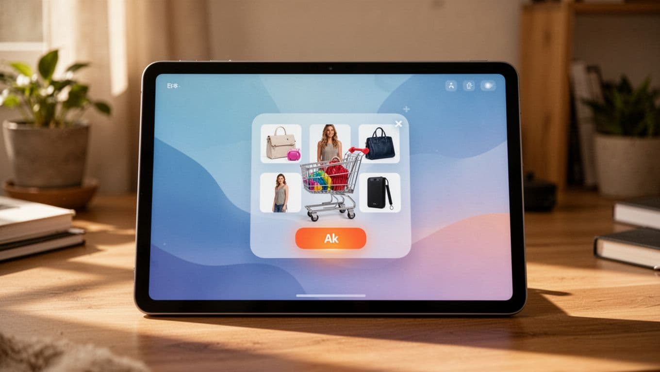 E-commerce website on a tablet screen displaying an AJAX popup shopping cart with product images and add-to-cart button in a smooth modern design on a cozy home desk with warm lighting.