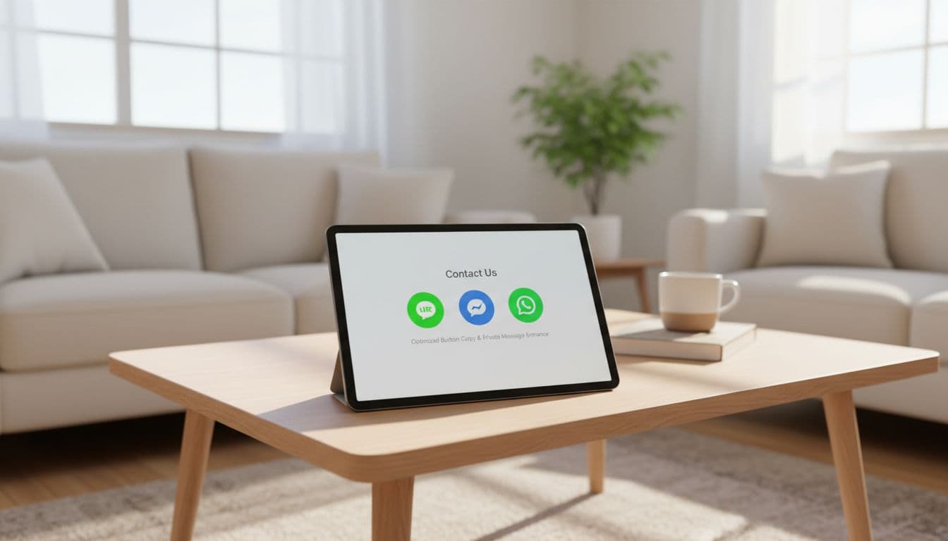 Tablet on coffee table in bright living room shows website contact section with LINE, Messenger, and WhatsApp private messaging buttons. Realistic photo with natural daylight, no screen text or people.