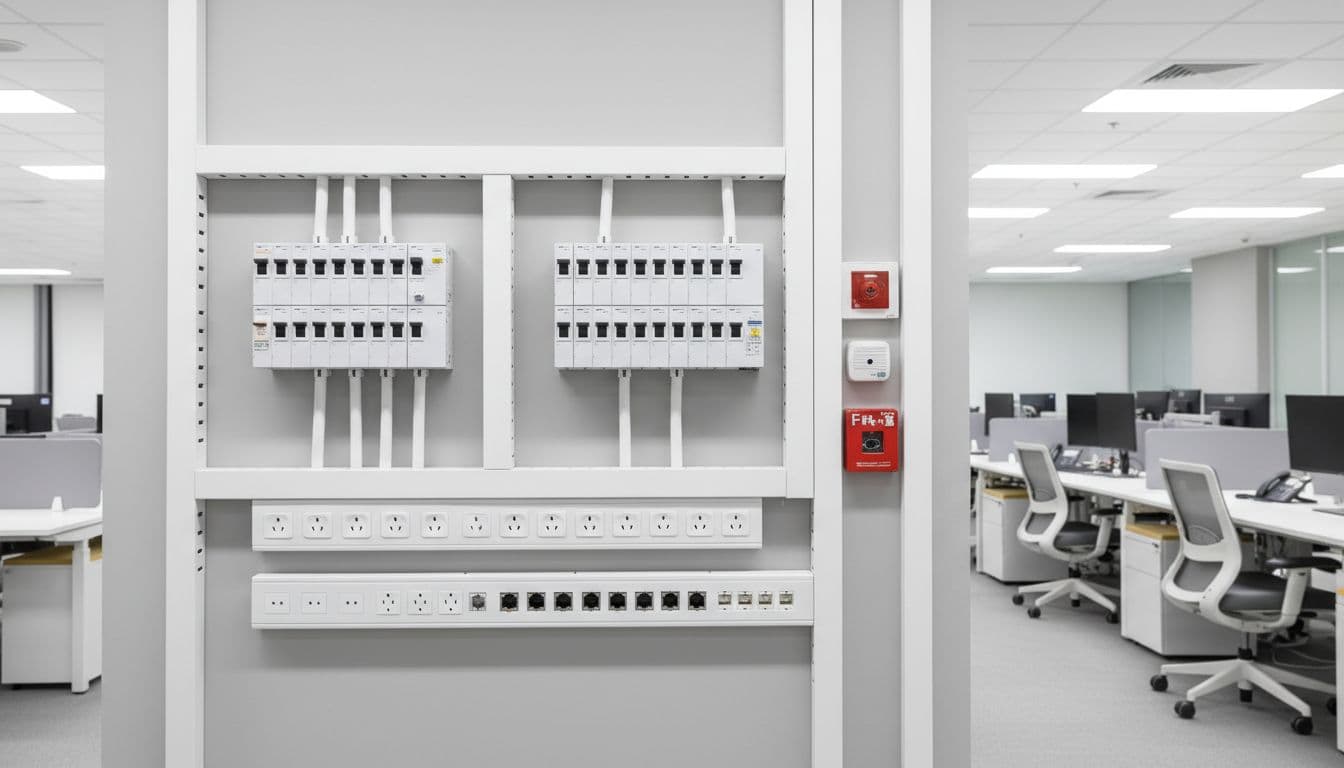 縮短辦公室裝潢工期, 模組化強弱電工程怎麼做才快又穩 Clean switch box with sockets, network ports, and fire equipment neatly arranged against modern office desks.