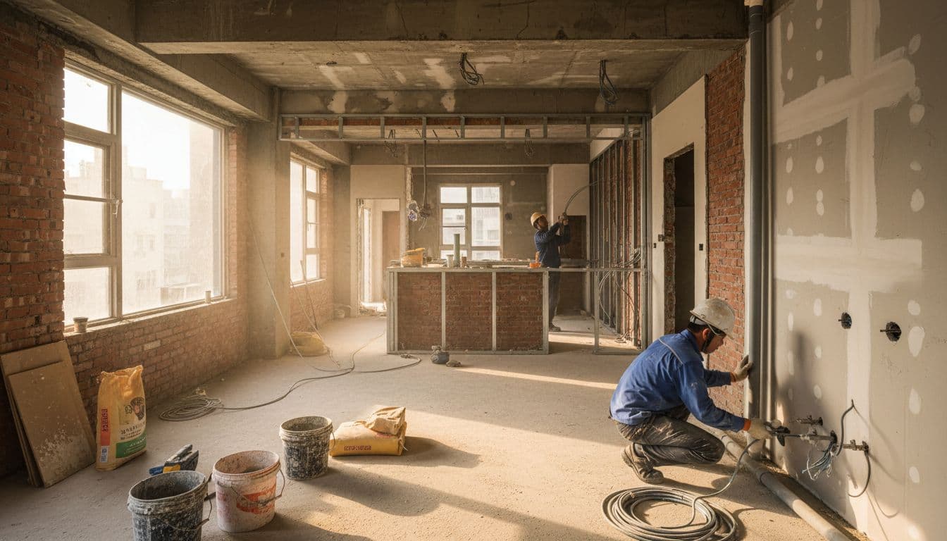 Realistic photo of workers performing plumbing, electrical repairs, and plastering in a Taipei apartment old house renovation site. Foreground features a craftsman installing water pipes and wires, with an open kitchen remodel in the background under bright natural window light, half-finished floors, and walls being painted in a professional atmosphere.
