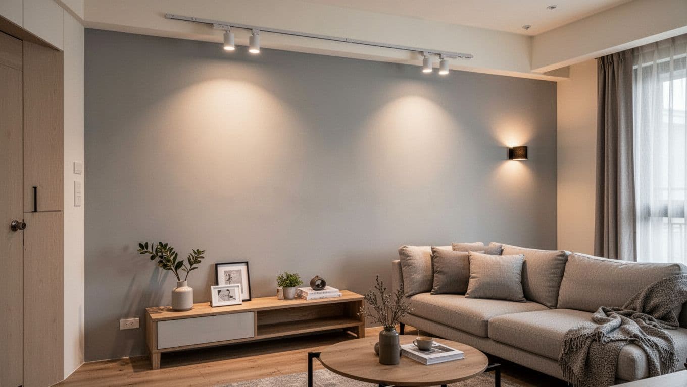 Taiwanese living room corner features an accent wall painted light gray with track lights and wall lamps, creating warm layered lighting. Simple decor highlights renovation upgrade, realistic photo with soft focus on textures, no people or text.