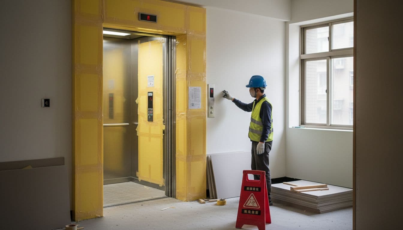 A worker in a bright Taiwan apartment elevator lobby uses yellow foam boards and transparent tape to protect the elevator door frame and button panel, with minimal materials and warning signs nearby.