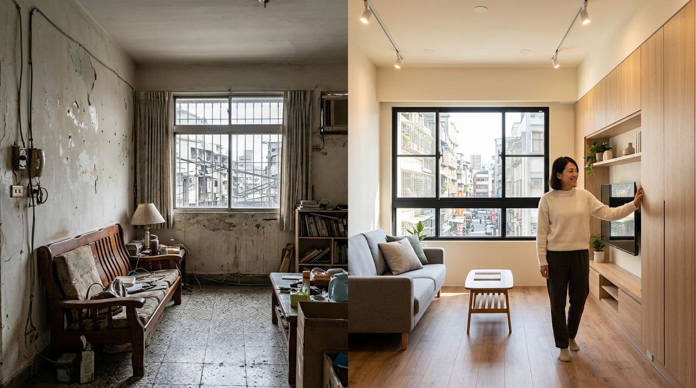 Before-and-after comparison of a Taiwanese apartment living room renovation: left side shows dilapidated old walls, right side features modern minimalist design with wooden floors, system cabinets, updated plumbing, warm lighting, and a smiling family member viewing the space with cityscape outside the window.