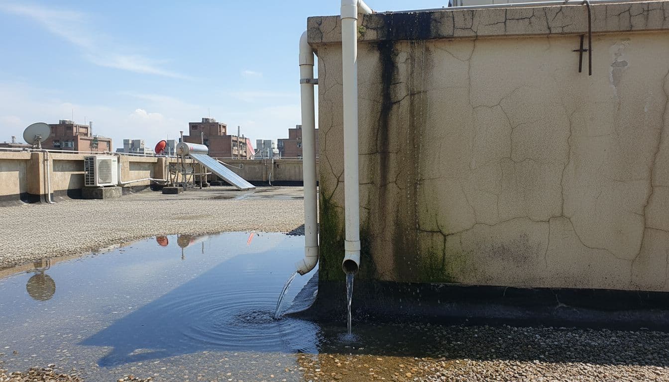 牆壁漏水原因找不到?專業水電師傅教你判斷滲水點 Side view of a Taiwan apartment rooftop after rain, with clogged drains causing water accumulation and seepage through wall cracks under a clear blue sky, realistic style.