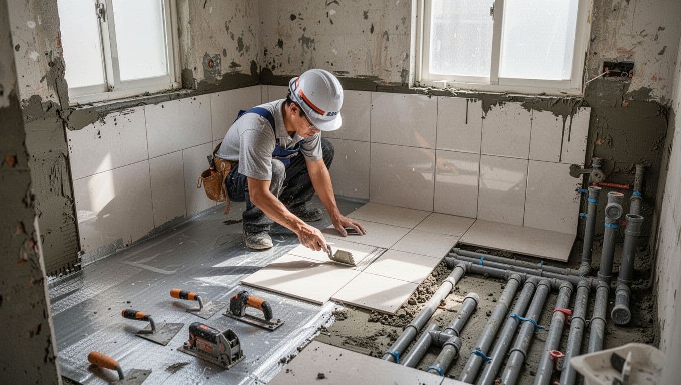Worker in safety helmet lays waterproof layer and tiles in old house bathroom, tools scattered nearby.