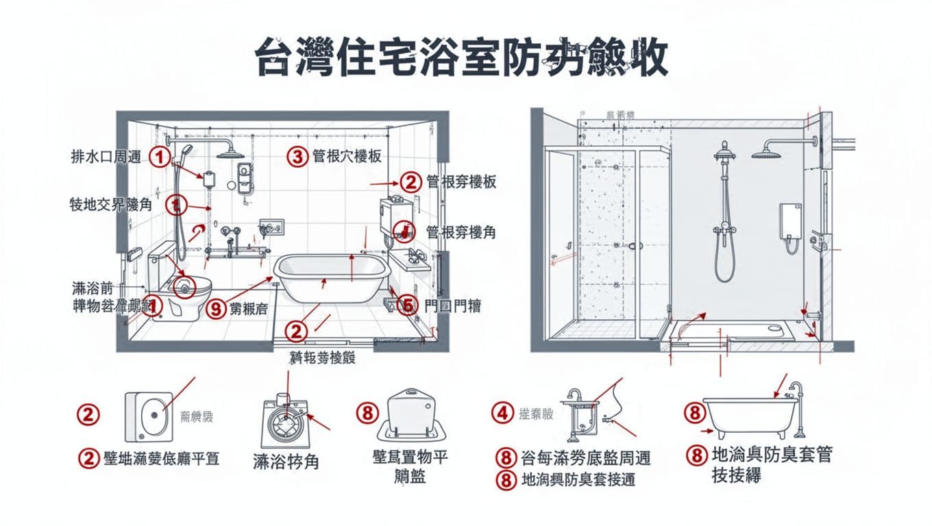 以工程手冊風格呈現浴室平面圖與立面圖,紅色標記8個常見漏水熱點,包括排水口周邊、牆地交界等。專業警示資訊圖表,使用繁體中文與灰藍色線條,白底背景。