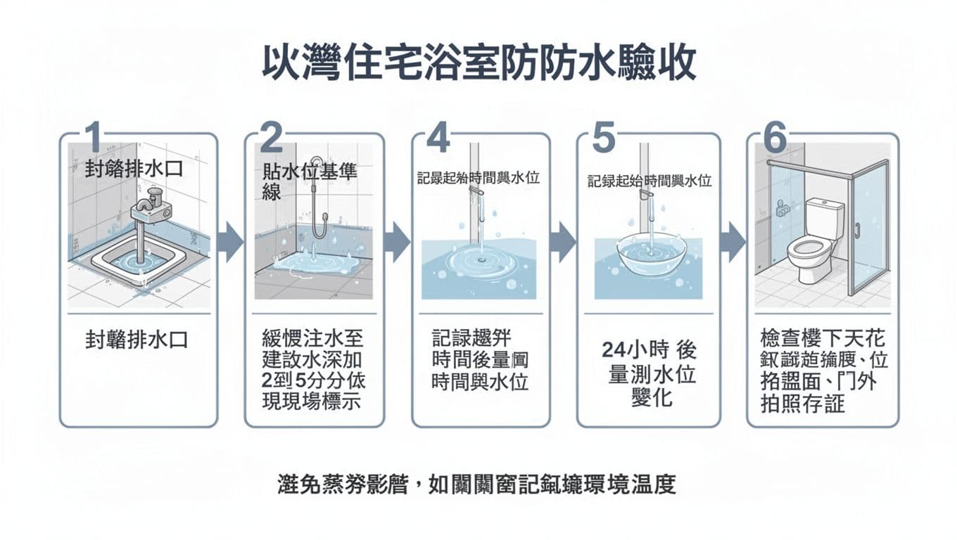 這是一張乾淨專業的資訊圖表,展示台灣住宅浴室防水驗收的6步驟流程,從封堵排水口到24小時後檢查水位變化與樓下漏水情況。工程手冊風格,白底灰藍線條,使用繁體中文文字。