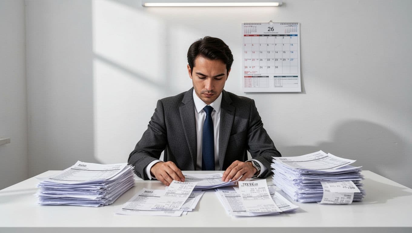 Business owner at desk organizes stacks of invoices and withholding slips, 2026 calendar in background.