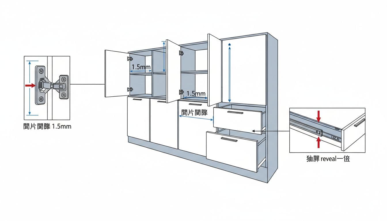 Teaching line art illustration on clean white background depicting Taiwan common indoor woodwork cabinet with consistent 1.5mm reveal gaps between door panels and drawers, showing open cabinet, hinge and slide rail close-ups, adjustment screw positions, and labeled dimensions.
