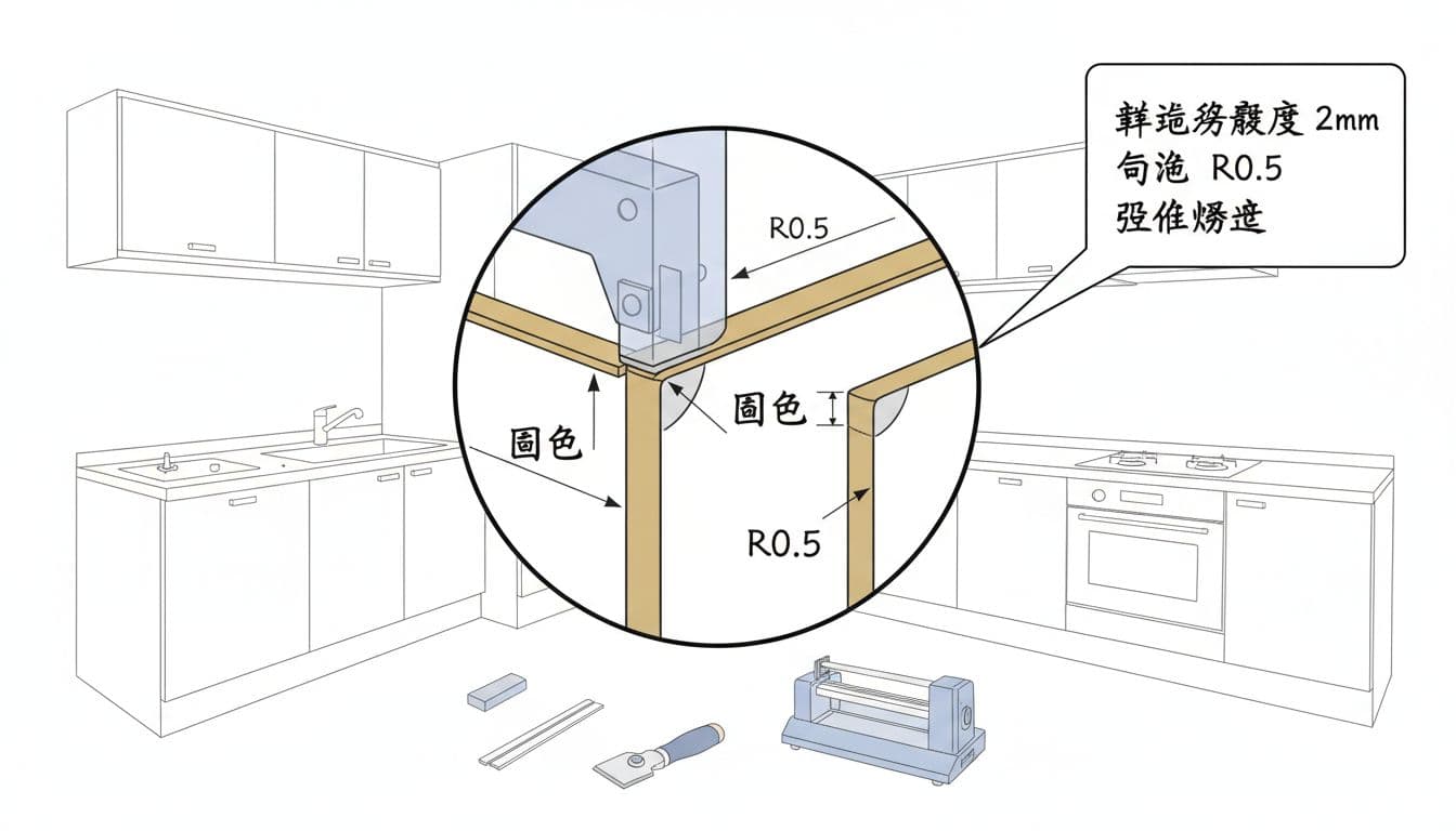 Instructional line drawing of Taiwanese kitchen cabinet edge banding process, focusing on 2mm thickness seal strip and R0.5 chamfer close-up section with labels, tools, and simplified cabinet environment on clean white background.
