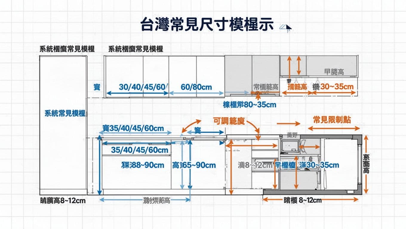 Modern infographic chart displaying common module dimensions for Taiwan system cabinets, including widths, depths, kickboard, countertop, and wall cabinet heights, with blue highlights and orange arrows for adjustable ranges and restrictions on a clean white grid background.