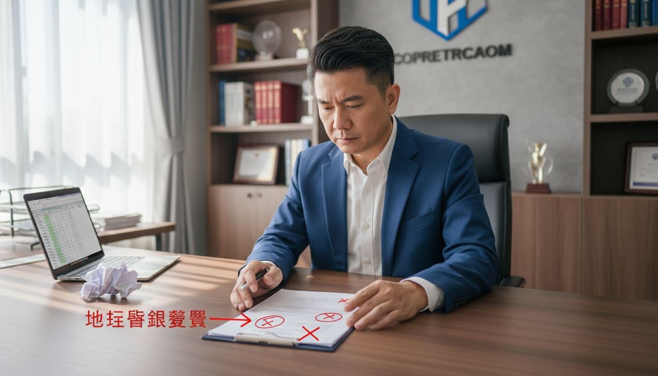 Scene of a Taiwan company responsible person signing a document featuring red error marks for common address selection mistakes, in a realistic office environment with bright lighting and natural hand placement.