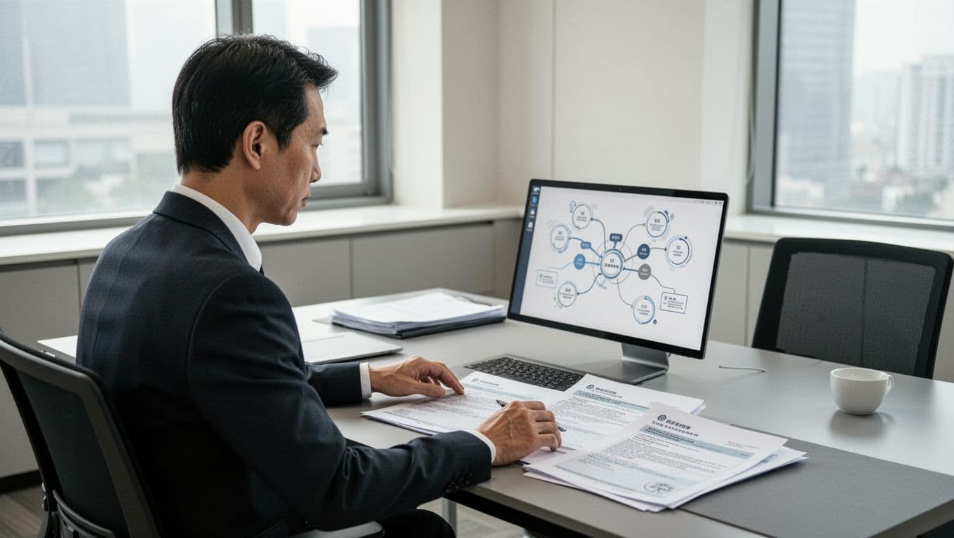 A Taiwanese company owner faces a computer in a modern office, examining company registration documents and a deregistration procedure flowchart from a side view. The setting is clean and minimalistic with natural light, one person, no screen text, no watermarks, and content filling the entire frame.