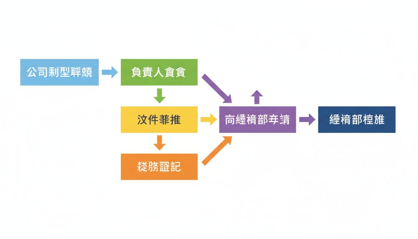 Simple flat illustration icon of Taiwan company registration flowchart, from company type planning to Ministry of Economic Affairs approval, with arrows linking stages like responsible person meeting, document preparation, and tax registration on a clean white background, no text or people.