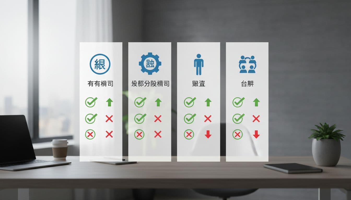 Professional infographic chart comparing Taiwan company types including limited company, joint-stock company, sole proprietorship, and partnership, using pros and cons symbols with simple icons on an office desk background under natural light.